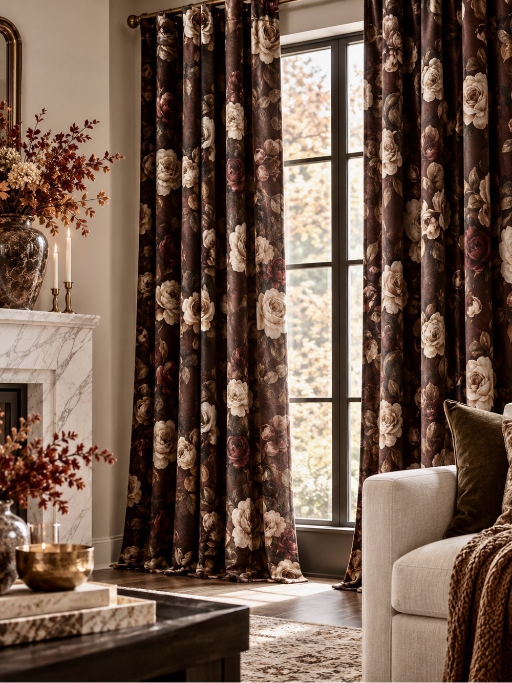 Retro Victorian Rust Floral Patterned Velvet Curtains • 52”W x 108”L